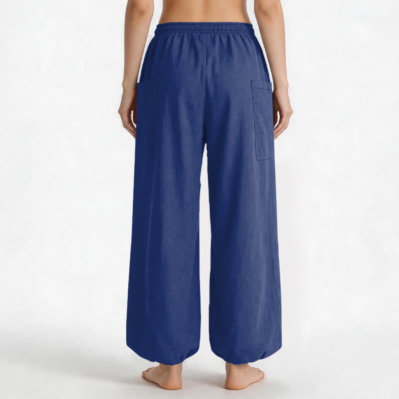 Buddha Stones Cotton Solid Color Minimalist Pattern Women's Elastic Waist Harem Pants With Side Pockets - image 9