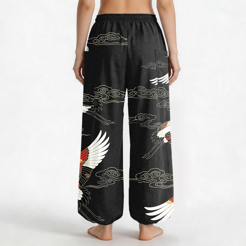 Buddha Stones Cotton Oriental Crane Cloud Pattern Women's Elastic Waist Harem Pants With Side Pockets - image 12