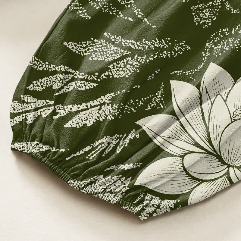 Buddha Stones Cotton Olive Lotus Botanical Pattern Women's Elastic Waist Harem Pants With Side Pockets - image 6
