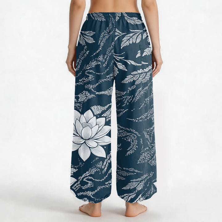 Buddha Stones Cotton Olive Lotus Botanical Pattern Women's Elastic Waist Harem Pants With Side Pockets - image 12