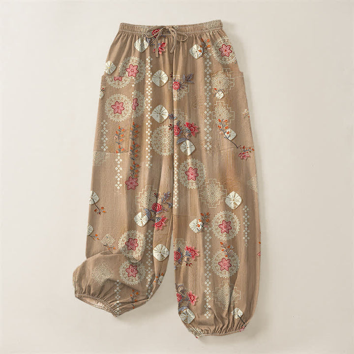 Buddha Stones Cotton Vintage Floral Geometric Pattern Women's Elastic Waist Harem Pants With Side Pockets - image 3