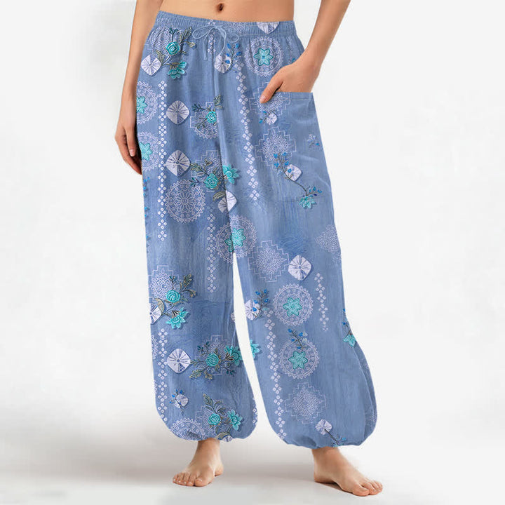 Buddha Stones Cotton Vintage Floral Geometric Pattern Women's Elastic Waist Harem Pants With Side Pockets - SteelBlue - US16，UK/AU20，EU48 (3XL) - image 10