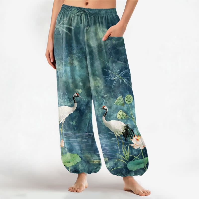 Buddha Stones Cotton Oriental Crane Lotus Pattern Women's Elastic Waist Harem Pants With Side Pockets - Teal - US16，UK/AU20，EU48 (3XL) - image 7
