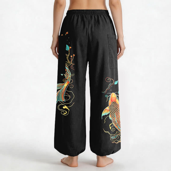 Buddha Stones Cotton Koi Floral Oriental Pattern Women's Elastic Waist Harem Pants With Side Pockets - image 2