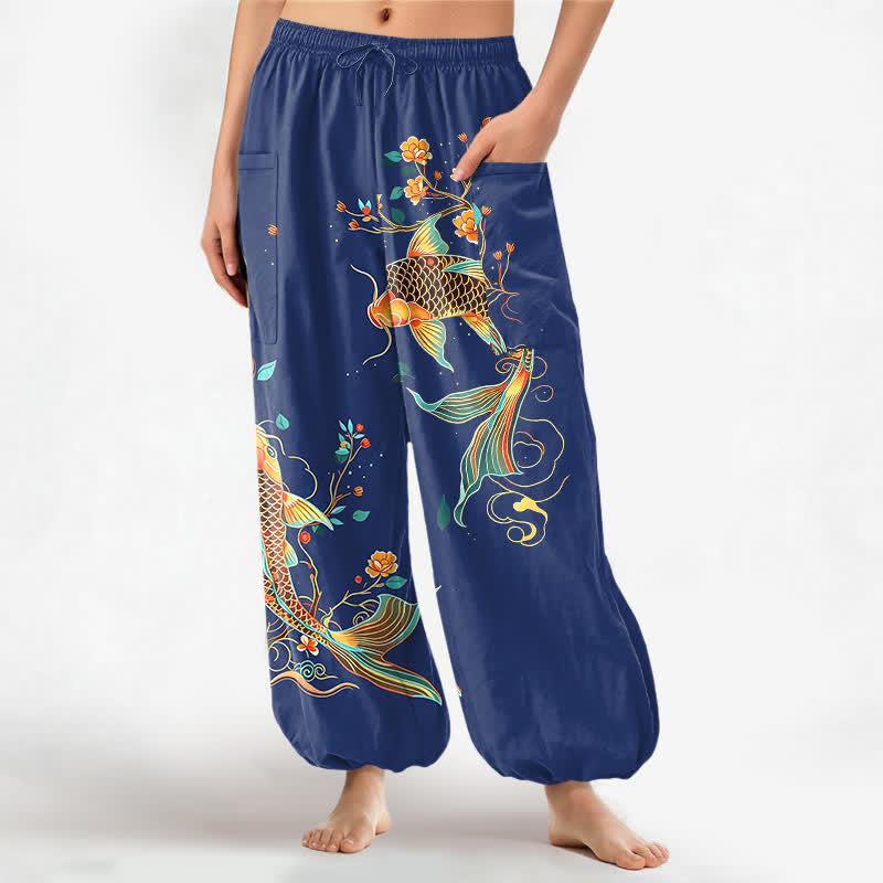 Buddha Stones Cotton Koi Floral Oriental Pattern Women's Elastic Waist Harem Pants With Side Pockets - Navy - US16，UK/AU20，EU48 (3XL) - image 10