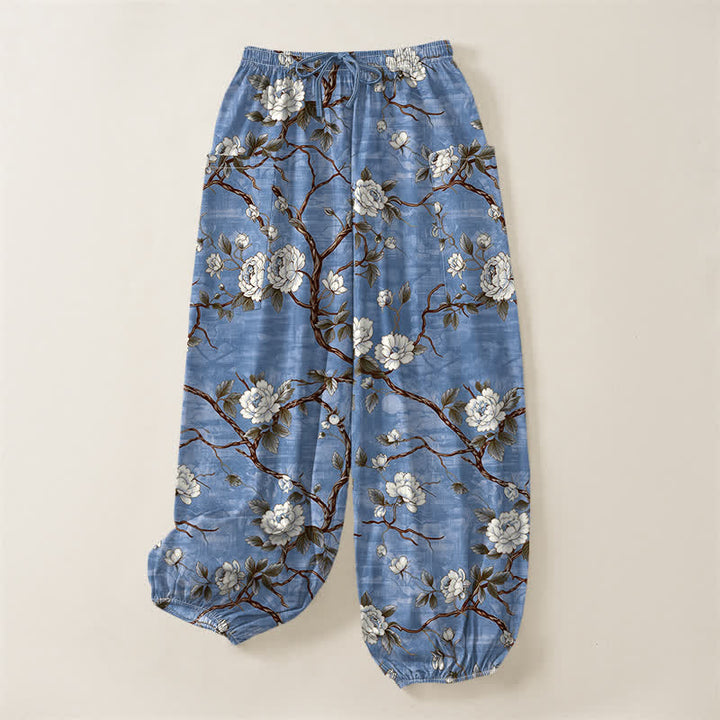 Buddha Stones Cotton Botanical Blossom Pattern Women's Elastic Waist Harem Pants With Side Pockets - image 3