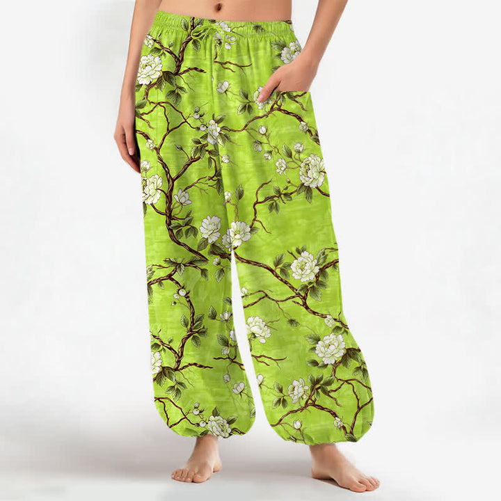 Buddha Stones Cotton Botanical Blossom Pattern Women's Elastic Waist Harem Pants With Side Pockets - LawnGreen - US16，UK/AU20，EU48 (3XL) - image 10