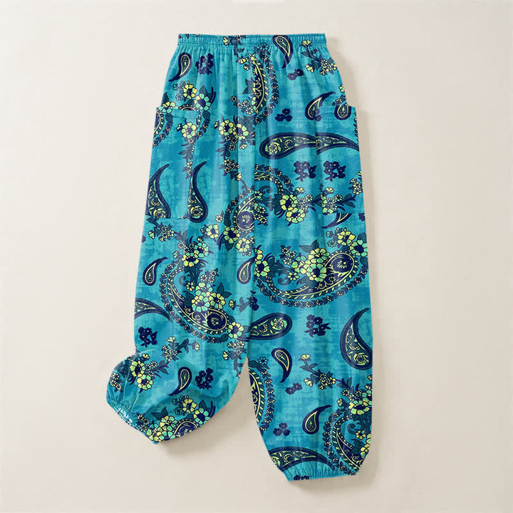 Buddha Stones Cotton Vintage Paisley Floral Pattern Women's Elastic Waist Harem Pants With Side Pockets - image 4