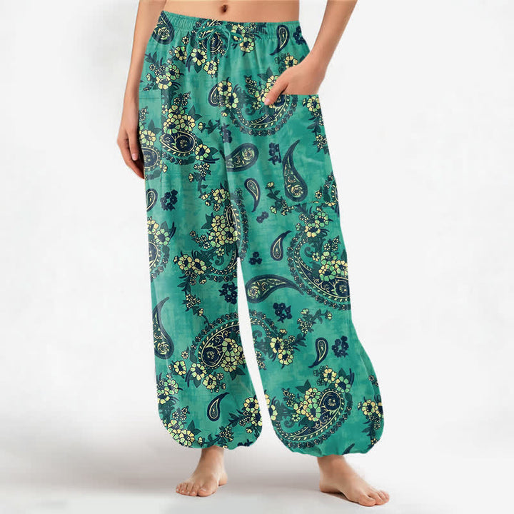 Buddha Stones Cotton Vintage Paisley Floral Pattern Women's Elastic Waist Harem Pants With Side Pockets - Aquamarine - US16，UK/AU20，EU48 (3XL) - image 7