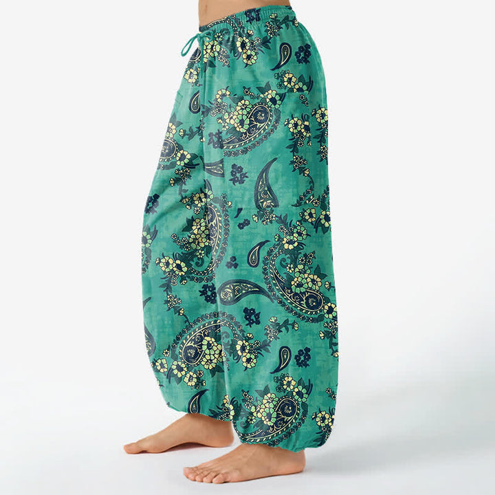 Buddha Stones Cotton Vintage Paisley Floral Pattern Women's Elastic Waist Harem Pants With Side Pockets - image 8