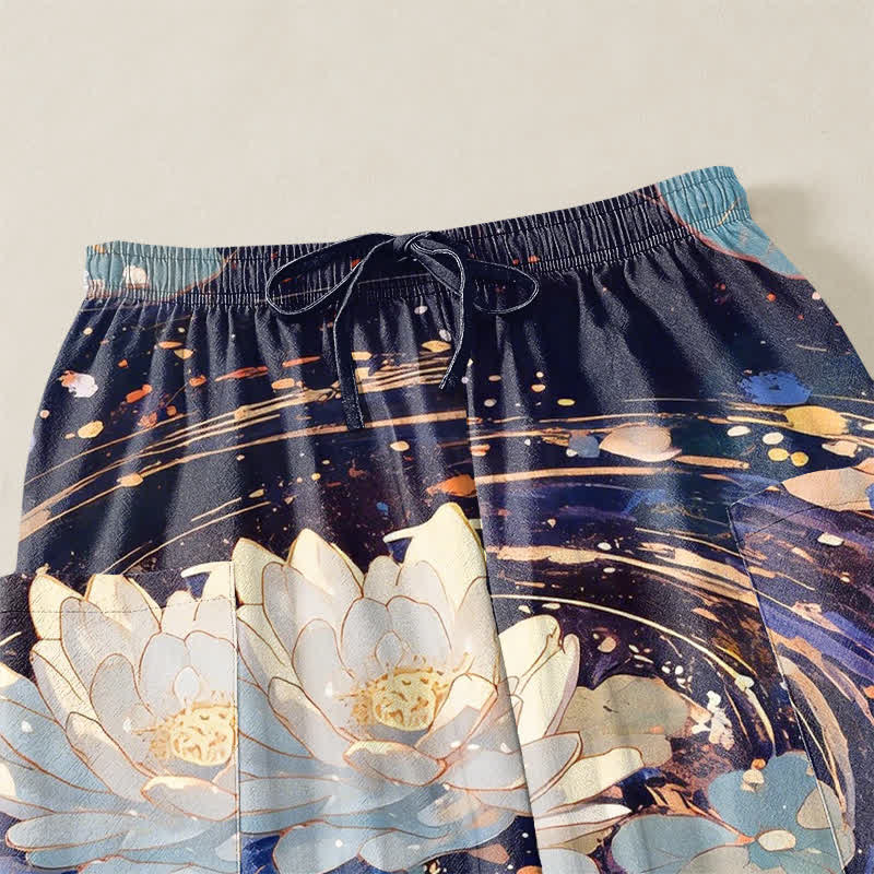 Buddha Stones Cotton Lotus Koi Watercolor Pattern Women's Elastic Waist Harem Pants With Side Pockets - image 5