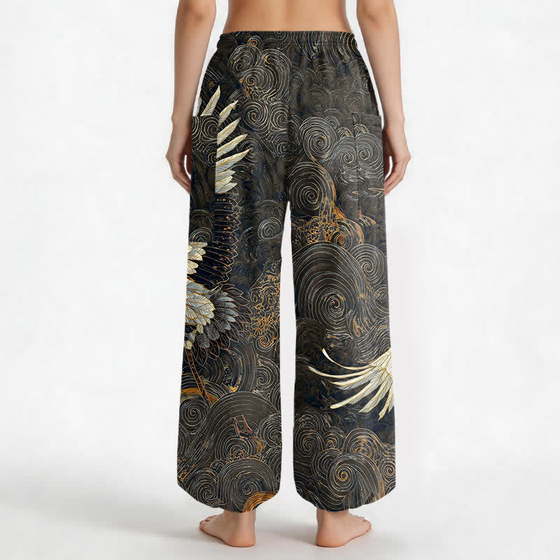Buddha Stones Cotton Golden Crane Wave Pattern Women's Elastic Waist Harem Pants With Side Pockets - image 12