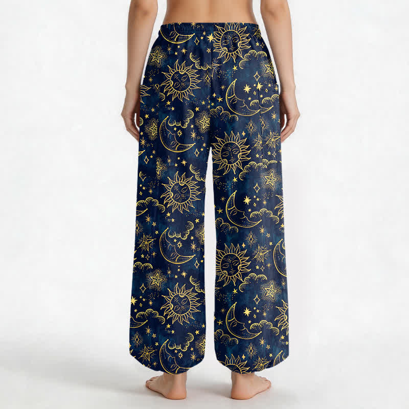 Buddha Stones Cotton Celestial Sun Moon Star Pattern Women's Elastic Waist Harem Pants With Side Pockets - image 2