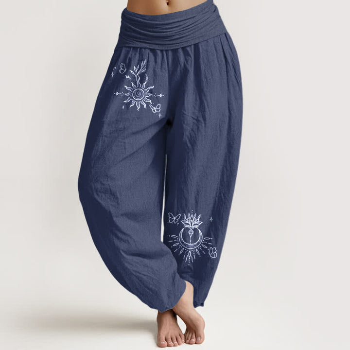 Buddha Stones Pure Cotton Butterfly Sun Lotus Moon Pattern Women's Elastic Waist Harem Pants - DarkSlateBlue - US16，UK/AU20，EU48 (3XL) - image 5