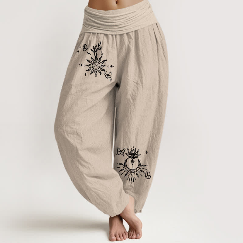 Buddha Stones Pure Cotton Butterfly Sun Lotus Moon Pattern Women's Elastic Waist Harem Pants - Tan - US16，UK/AU20，EU48 (3XL) - image 8