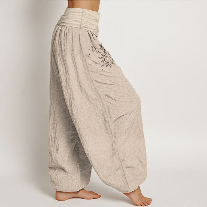 Buddha Stones Pure Cotton Butterfly Sun Lotus Moon Pattern Women's Elastic Waist Harem Pants - image 9