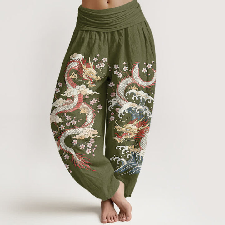 Buddha Stones Cotton Dragon Wave Blossom Pattern Women's Elastic Waist Harem Pants - OliveDrab - US16，UK/AU20，EU48 (3XL) - image 5