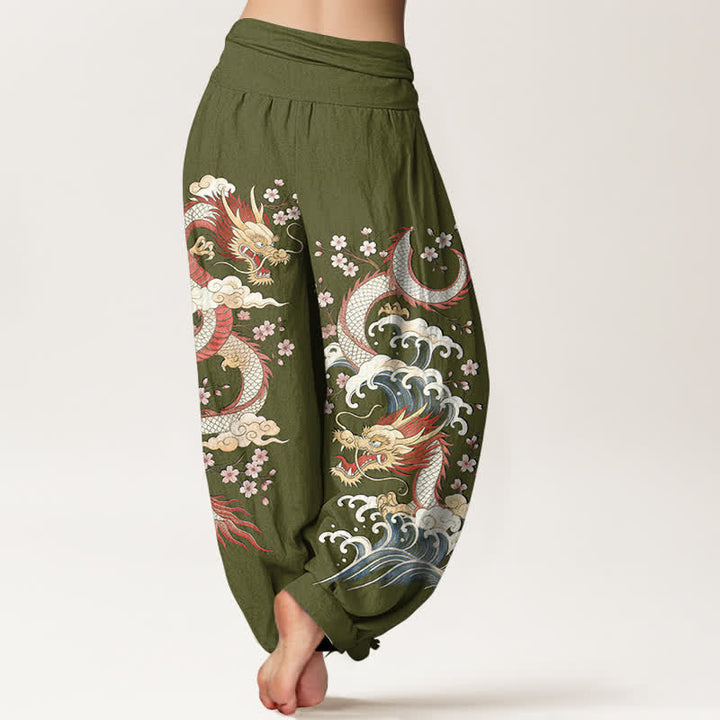 Buddha Stones Cotton Dragon Wave Blossom Pattern Women's Elastic Waist Harem Pants - image 7