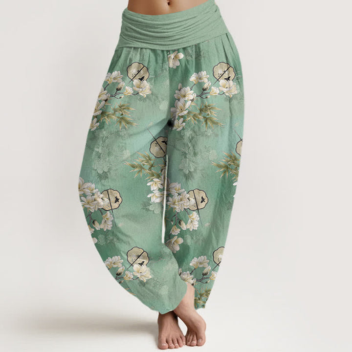 Buddha Stones Cotton Fans White Blossom Leaf Pattern Women's Elastic Waist Harem Pants - Aquamarine - US16，UK/AU20，EU48 (3XL) - image 8