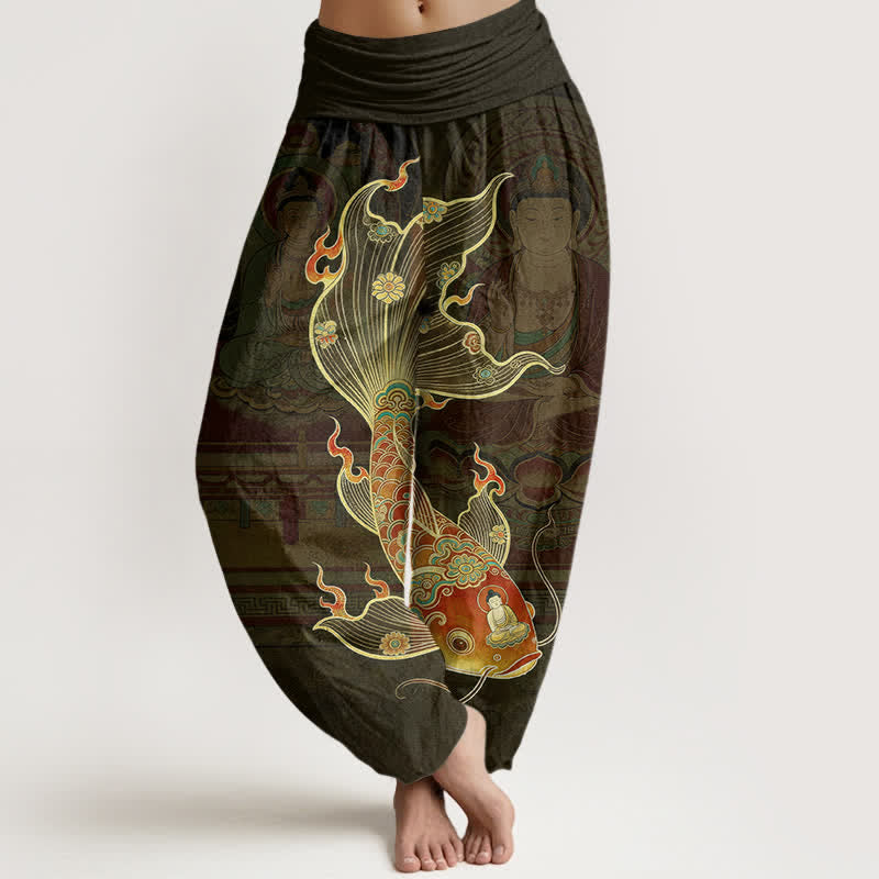 Buddha Stones Cotton Koi Fish Guanyin Pattern Women's Elastic Waist Harem Pants - Olive - US16，UK/AU20，EU48 (3XL) - image 5