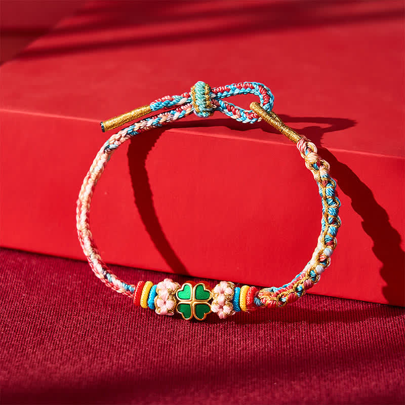 Buddha Stones Hand-Woven Multicolor Peach Blossom Heart-Shaped Green Four Leaf Clover Luck Rope Bracelet - image 12