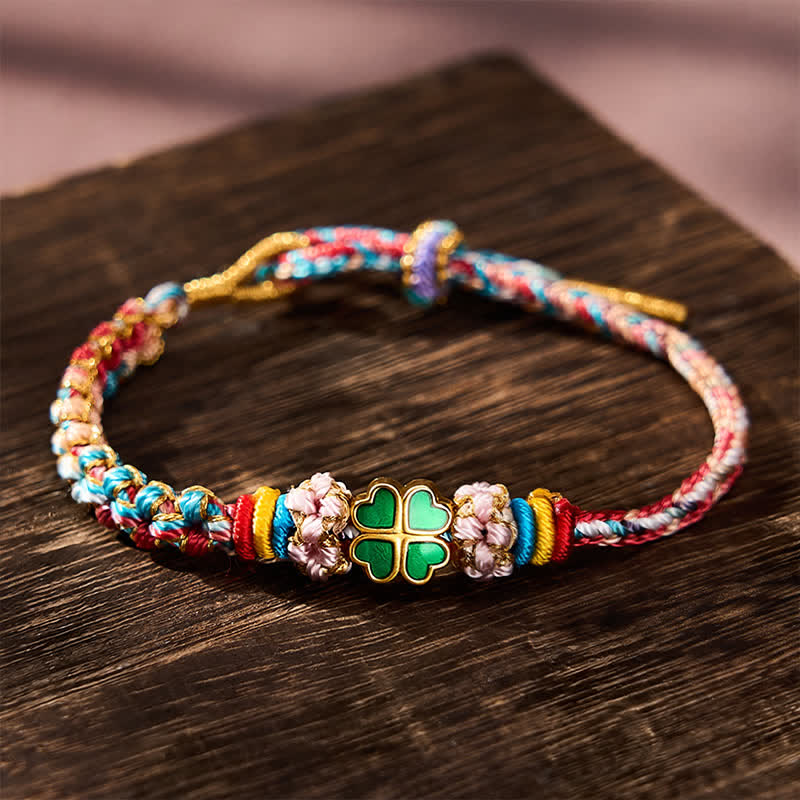 Buddha Stones Hand-Woven Multicolor Peach Blossom Heart-Shaped Green Four Leaf Clover Luck Rope Bracelet - Pink(Wrist Circumference: 5.9-7.5 in / 15-19cm) - image 10
