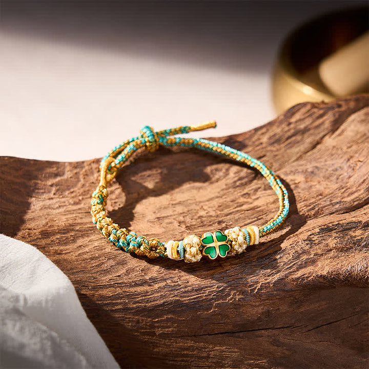 Buddha Stones Hand-Woven Multicolor Peach Blossom Heart-Shaped Green Four Leaf Clover Luck Rope Bracelet - image 5