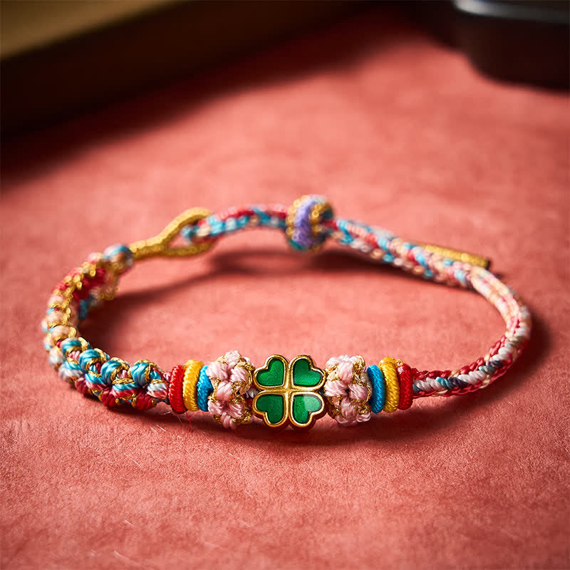Buddha Stones Hand-Woven Multicolor Peach Blossom Heart-Shaped Green Four Leaf Clover Luck Rope Bracelet - image 11