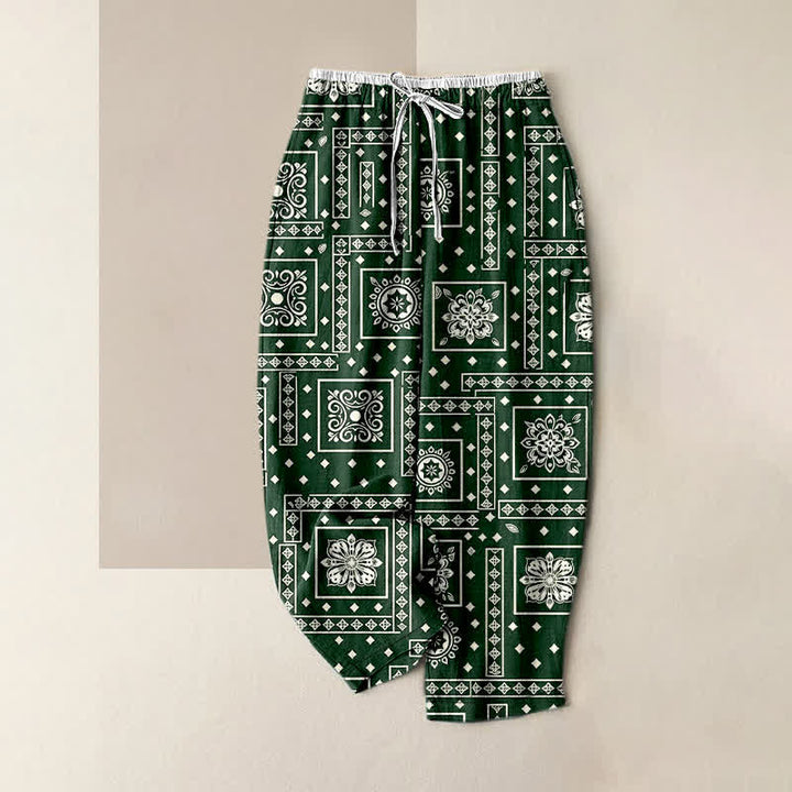 Buddha Stones Pure Cotton Vintage Bandana Patchwork Pattern Women's Elastic Waist Pants With Pockets - ForestGreen - US16，UK/AU20，EU48 (3XL) - image 5