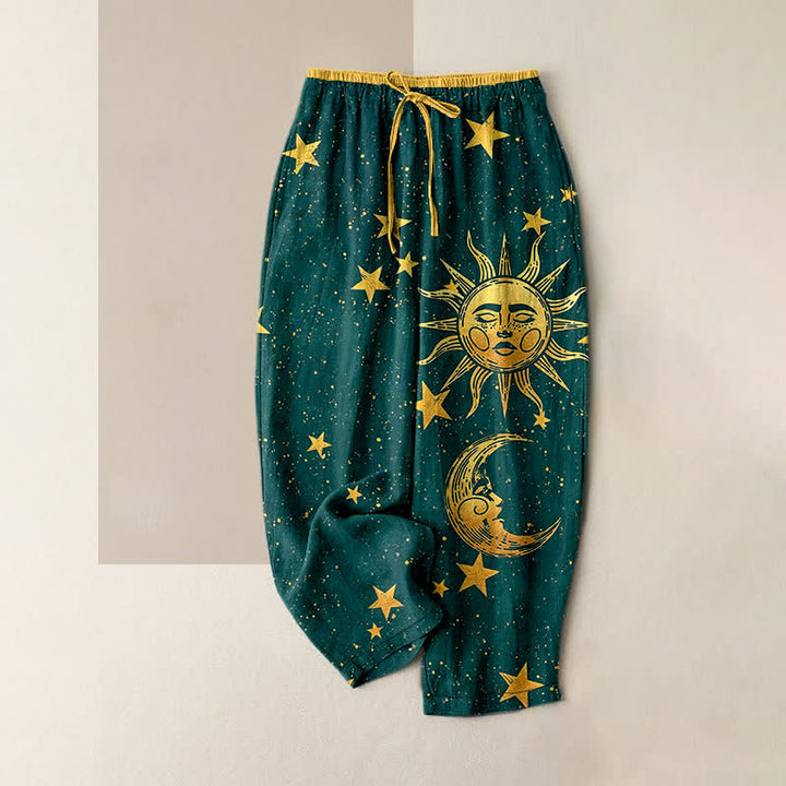 Buddha Stones Pure Cotton Mystic Moon Sun Pattern Women's Elastic Waist Pants With Pockets - Teal - US16，UK/AU20，EU48 (3XL) - image 4