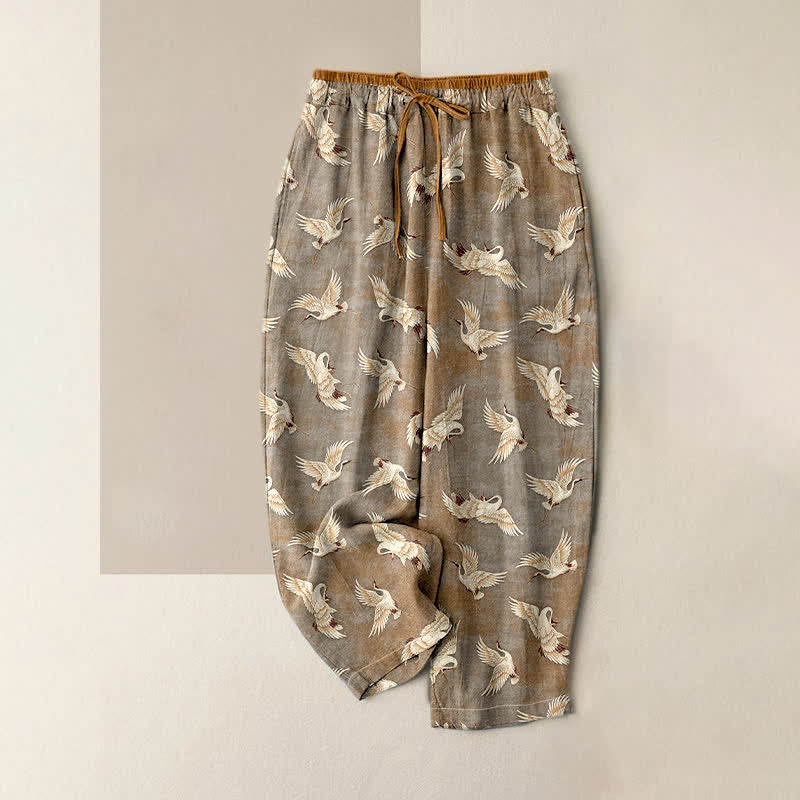 Buddha Stones Pure Cotton Graceful Crane Pattern Women's Elastic Waist Pants With Pockets - Tan - US16，UK/AU20，EU48 (3XL) - image 3
