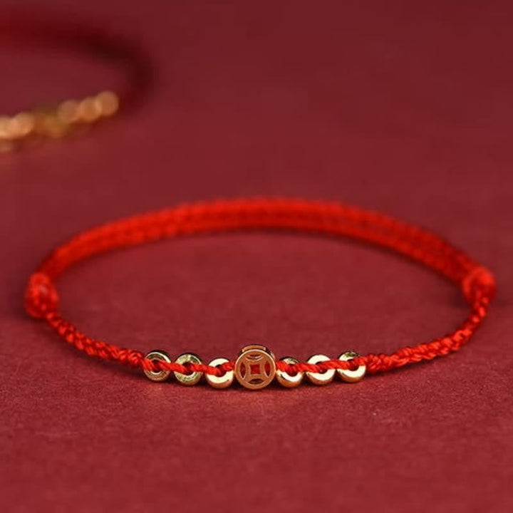 Buddha Stones Braided Red String Round Chinese Coin Good Fortune Bracelet - Red (Wrist Circumference: 6.3–7.5 in/16–19 cm) - image 0