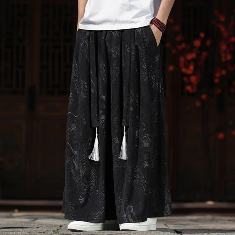 Buddha Stones Fall Winter Vintage Drawstring Dragon Ankle Pants Men's Wide Leg Pants With Pockets - image 16