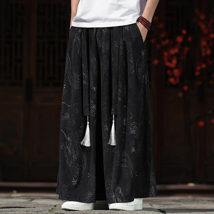 Buddha Stones Fall Winter Vintage Drawstring Dragon Ankle Pants Men's Wide Leg Pants With Pockets - image 16