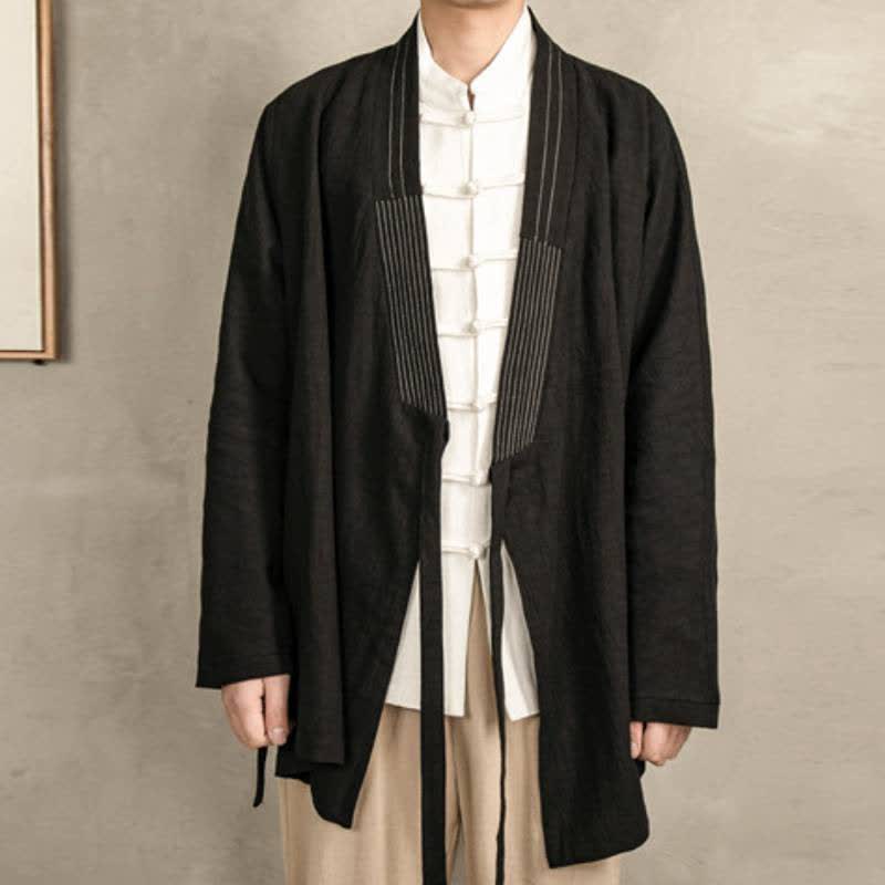 Buddha Stones Fall Tang Style Vintage Drawstring Solid Ramie Men's Kimonos - image 13