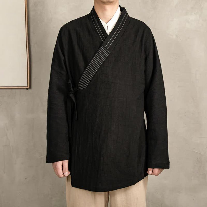 Buddha Stones Fall Tang Style Vintage Drawstring Solid Ramie Men's Kimonos - image 12
