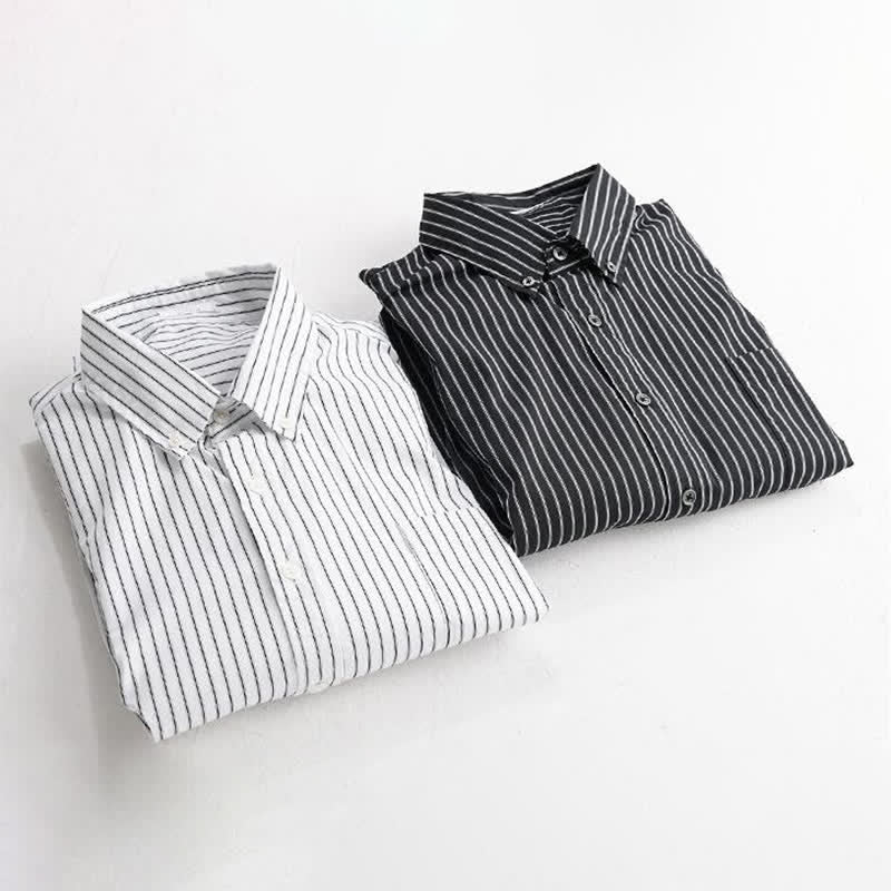 Buddha Stones Spring Fall Casual Button-Up Striped Cotton Men's Long Sleeve Shirts With Pocket - image 14