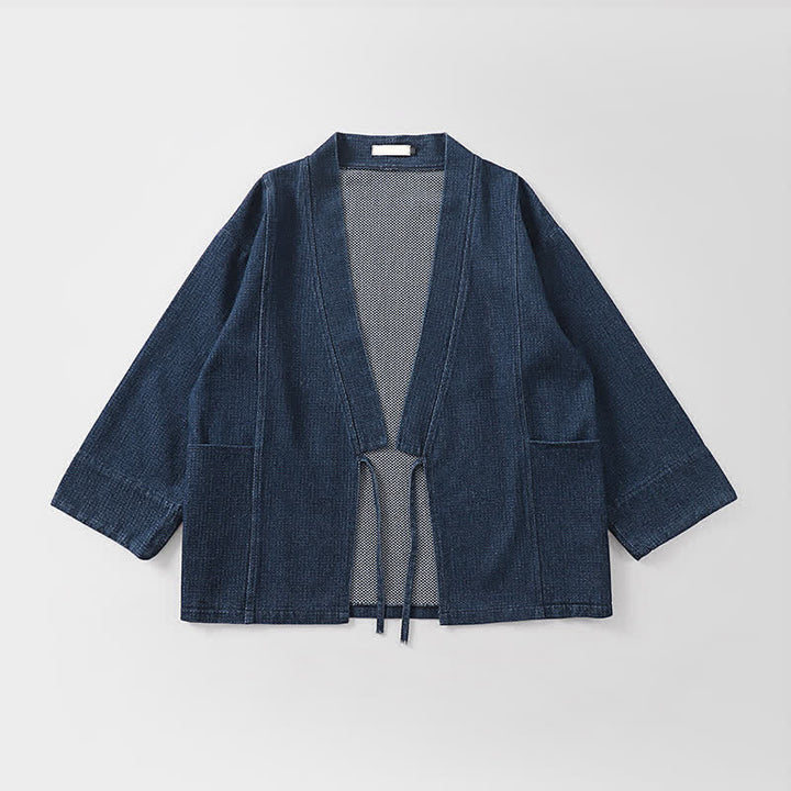 Buddha Stones Fall Casual Minimalist Drawstring Solid Cotton Linen Men's Kimonos With Pocket - image 2