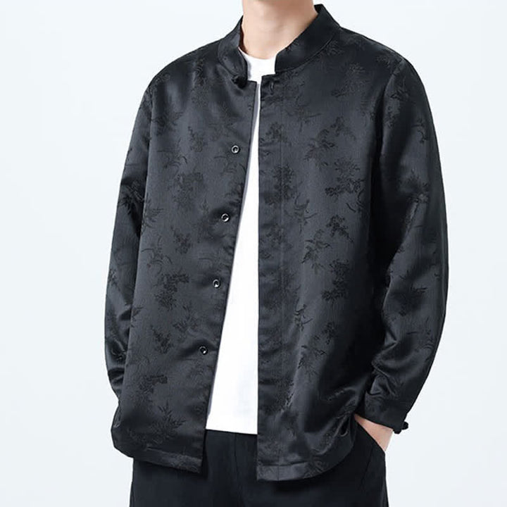 Buddha Stones Fall Vintage Tang Style Mandarin Collar Floral Men's Long Sleeve Shirts - image 6