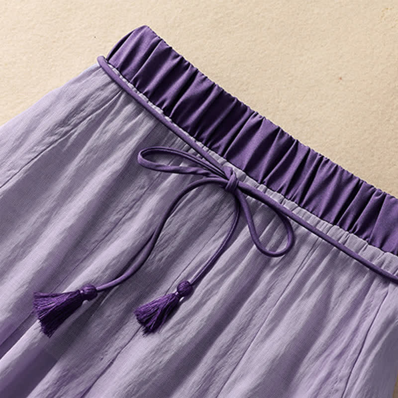 Buddha Stones Casual Contrasting Color Pleated Lace-Up Design Women's 7-8 Length Skirt - image 18