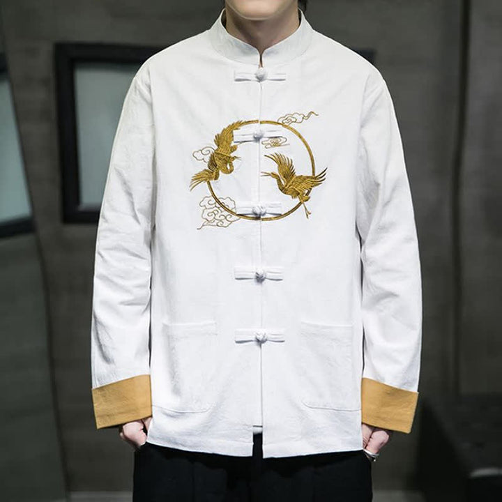 Buddha Stones Fall Winter Tang Style Vintage Frog Button Crane Clouds Embroidery Pattern Cotton Men's Jacket With Pockets - image 31