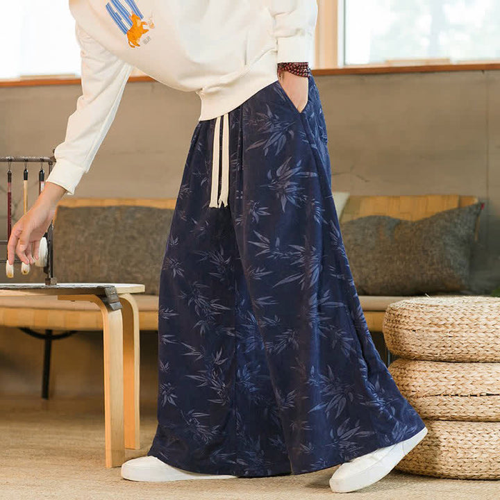 Buddha Stones Fall Winter Casual Vintage Drawstring Bamboo Leaf Ankle Pants Men's Straight Leg Pants With Pocket - MidnightBlue - US/UK/AU46, EU56 (5XL) - image 10