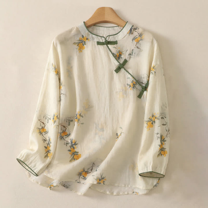 Buddha Stones Summer Tang Style Vintage Frog Button Orchid Floral Women's Sleeveless Shirts Tank Top - Beige - Long Sleeve - US12，UK/AU16，EU44 (2XL) - image 49