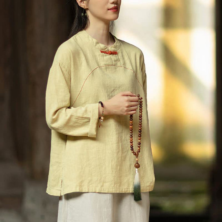 Buddha Stones Spring Fall Casual Tang Style Frog Button Solid Ramie Women's Long Sleeve Shirts With Pocket - image 6