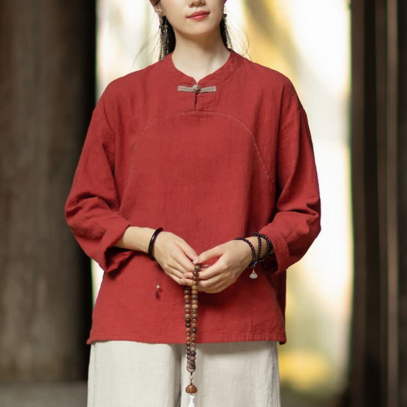 Buddha Stones Spring Fall Casual Tang Style Frog Button Solid Ramie Women's Long Sleeve Shirts With Pocket - image 11