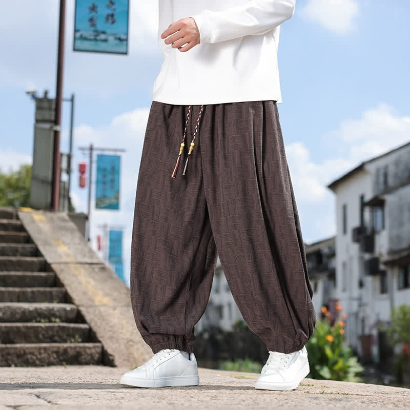 Buddha Stones Fall Winter Casual Vintage Drawstring Geometric Ankle Pants Men's Harem Pants With Pocket - SaddleBrown - US/UK/AU54，EU64 (9XL) - image 18