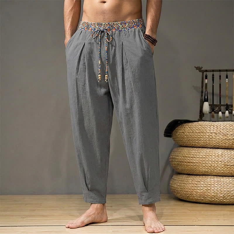 Buddha Stones Spring Summer Casual Boho Drawstring Geometric Elastic Waist Long Pants Men's Tapered Pants With Pockets - Gray - US/UK/AU44, EU54 (3XL) - image 23