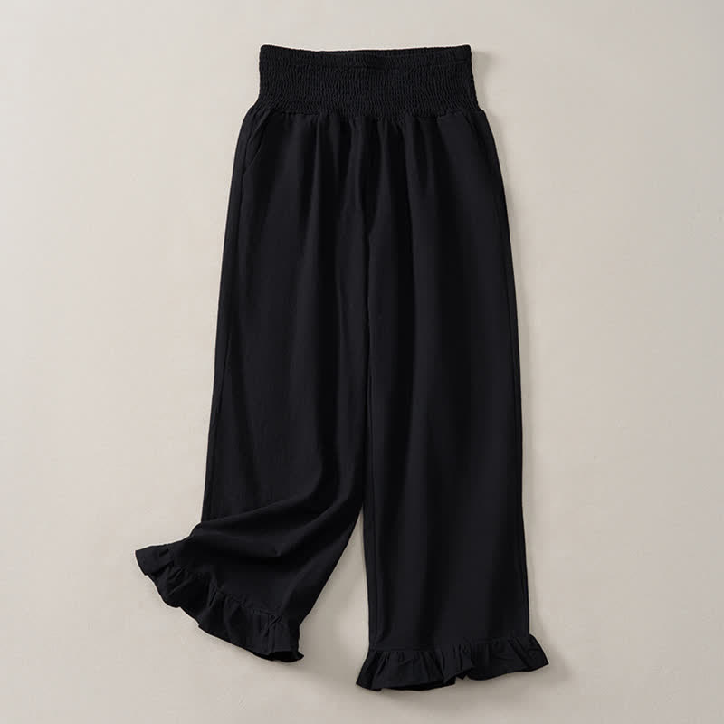 Buddha Stones Spring Summer Casual Boho Solid Ruffled Hems Design Ankle Pants Women's Straight Leg Pants With Pockets - Black - US12, UK/AU16, EU44 (2XL) - image 9