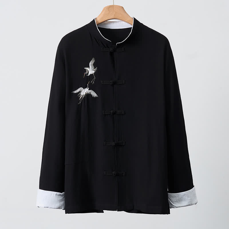 Buddha Stones Spring Fall Vintage Tang Style Frog Button Crane Embroidery Men's Long Sleeve Shirts - image 12