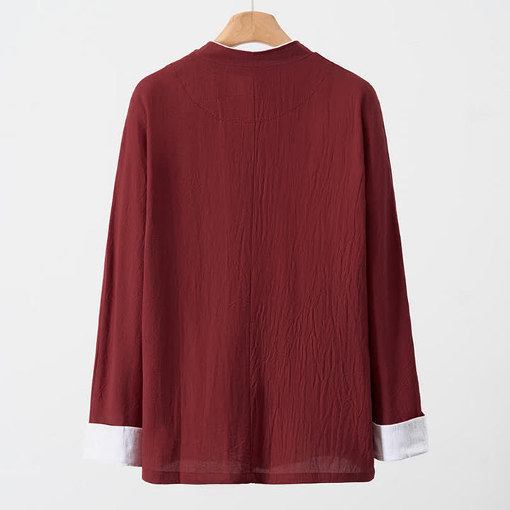Buddha Stones Spring Fall Vintage Tang Style Frog Button Crane Embroidery Men's Long Sleeve Shirts - image 4
